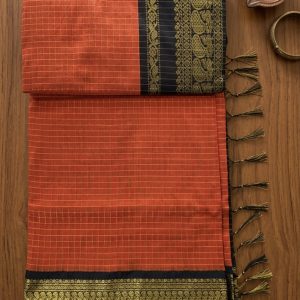 orange and black checked kalyani cotton saree