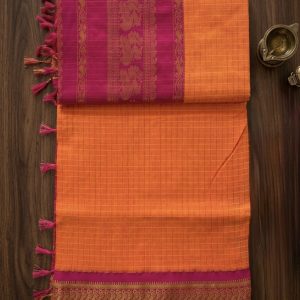 orange and magenta checked kalyani cotton saree