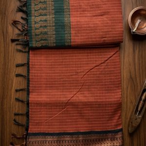 orange and green checked kalyani cotton saree