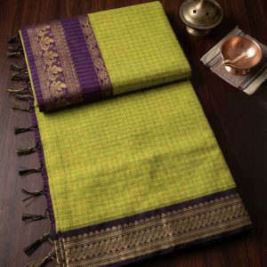 green and purple checked kalyani cotton saree