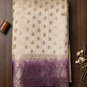 beige and purple semi silk saree