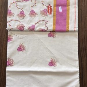 neelima off white kerala kasavu cotton saree features vibrant pink thread work embroidery and a traditional gold border